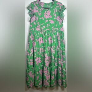 Green and Pink Tiered Maxi Sundress with Flutter Sleeves. Size 1X